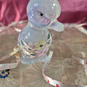 Rare Fenton Duck in Vintage Opalescent Glass Hand-Painted Yellow Flowers SIGNED